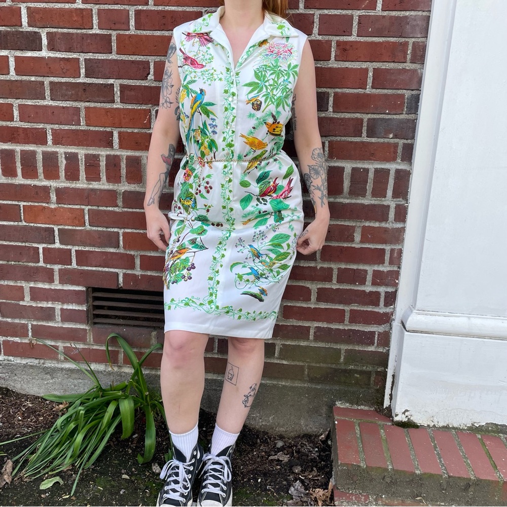 Vintage 60s Floral Bird Shift Dress